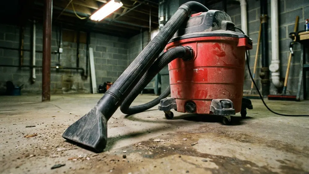 Using a shop vacuum to clean an unfinished basement concrete floor