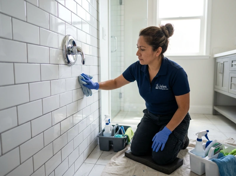 Professional cleaner removing grout haze and construction residue from bathroom tile and fixtures after renovation