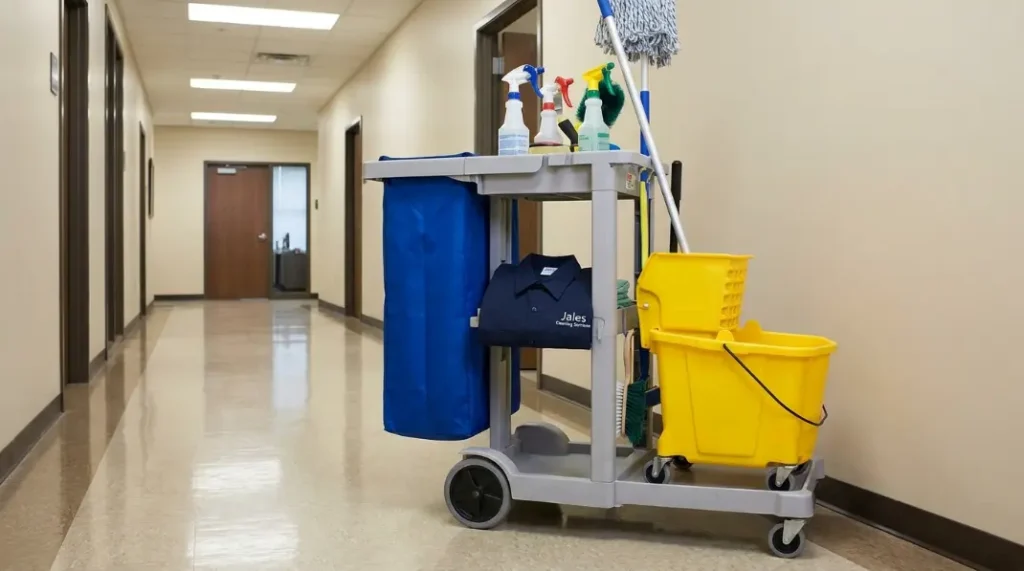 Commercial mopping cart with a squeezer attachment in an office setting