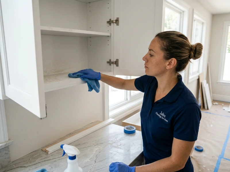 Professional cleaner cleaning inside kitchen cabinets after home renovation — removing drywall dust and residue