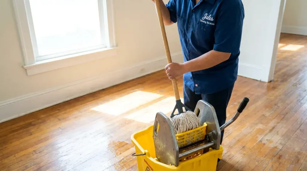 Mopping with a wringer bucket for controlled moisture on hardwood floors