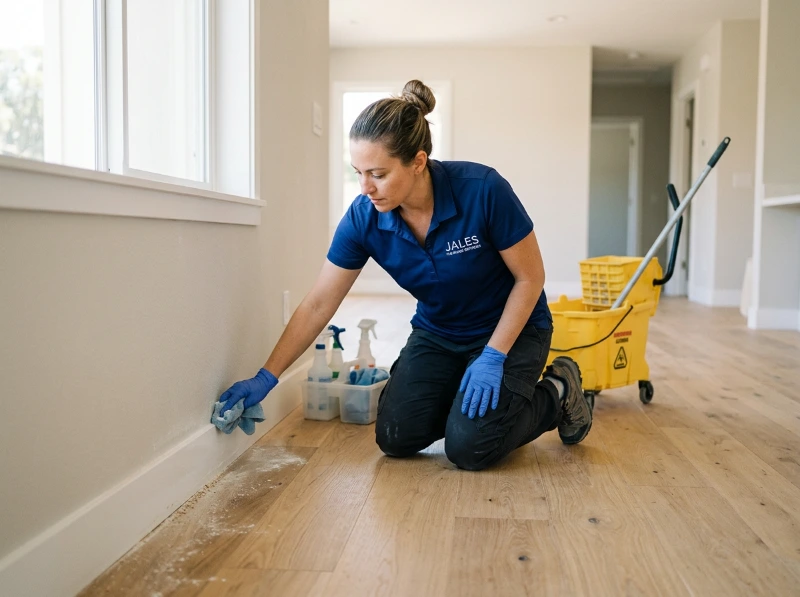 Professional cleaner removing construction dust from floors and baseboards after renovation