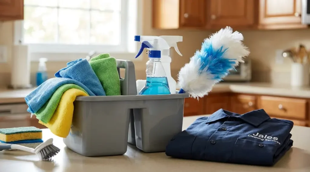 Professional cleaning tools including microfiber cloths and a caddy