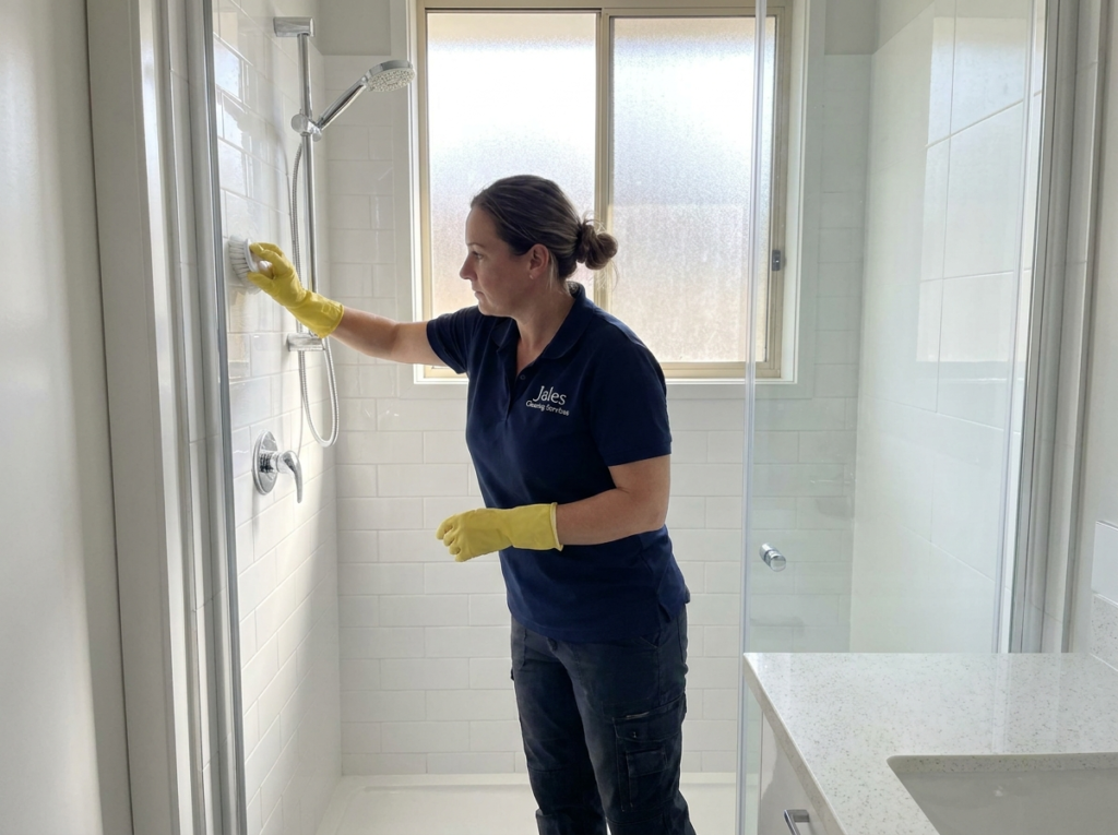 Professional cleaner scrubbing bathroom tile and fixtures during rental property turnover cleaning in San Jose