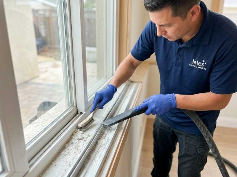 Professional cleaner clearing construction dust from window tracks and cleaning glass after renovation